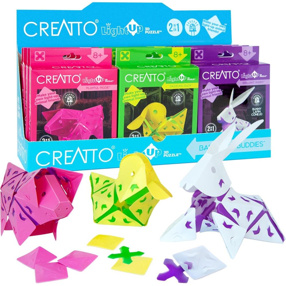 imageCreatto Barnyard Buddies  Brilliant Bunny Dazzling Ducky Playful Piggie LightUp 3D Puzzle Kits  12piece Gift Set  Party Favors Stocking Stuffers Easter Baskets  DIY Activity w LED Lights