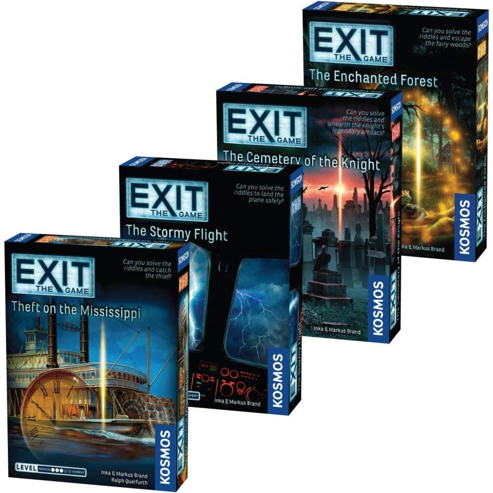 imageEXIT The Game 4Pack Escape Room Bundle  Season 4  Theft on the Mississippi  Stormy Flight  Cemetery of the Knight  Enchanted Forest  FamilyFriendly Cooperative Game  1 to 4 Players