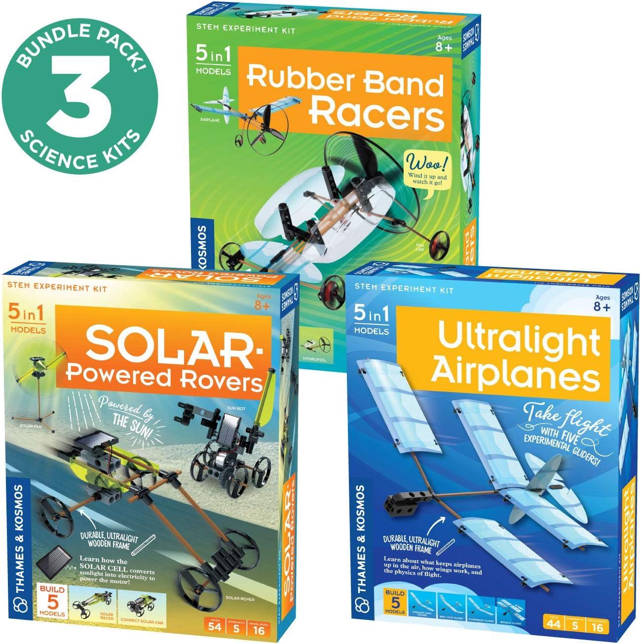 imageThames ampamp Kosmos Fun Educational Engineering 3Pack Bundle Ultralight Airplanes Rubber Band Racers SolarPowered Rovers Learn About The Physics of Flight Energy Conversion ampamp Solar Energy