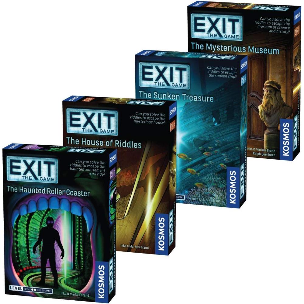 imageEXIT The Game 4Pack Escape Room  Beginner Bundle  Haunted Roller Coaster Sunken Treasure Mysterious Museum House of Riddles  FamilyFriendly Cooperative Game  1 4 Players Ages 10