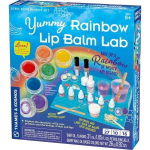 Thames & Kosmos Yummy Rainbow Lip Balm Lab STEM Kit | Make Lip Balms, Glosses | Strawberry, Grape, Banana Flavors & Cosmetic Jars | Chemistry & Biology of Skin Care | 2-Language (EN/FR)(Original)