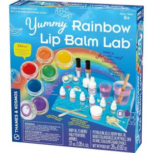 Thames & Kosmos Yummy Rainbow Lip Balm Lab STEM Kit | Make Lip Balms, Glosses | Strawberry, Grape, Banana Flavors & Cosmetic Jars | Chemistry & Biology of Skin Care | 2-Language (EN/FR)(New)