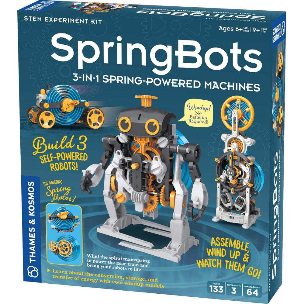 image:imageThames amp Kosmos SpringBots STEM Kit Build 3 SpringPowered Race car Walking Robot Countdown Timer Powered by a Mainspring Learn About Potential amp Kinetic Energy Gears amp Springs Black