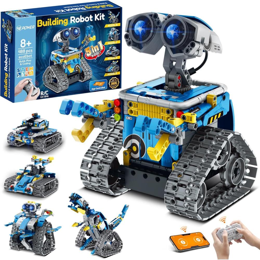 image5 en 1 Technic Robot Programmable Kit Roboticset Construction STEM avec App ampamp Tlcommande Ides Cadeaux Nol danniversaire cratif pour Garons de 8 9 10 11 12 Ans 488 picesBleu