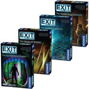 EXIT: The Game – Lot de 4 Escape Room | Ensemble débutant | Montagnes russes hantées, trésor englouti, musée mystérieux, House of Riddles | Jeu coopératif pour la famille, 1 à 4 joueurs, à partir de