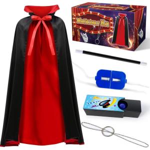 Kit de Magie, Costume de Magicien avec Cape, Jeu de Magie pour Enfants 6 7 8 9 10 11 12(Cape with Box)