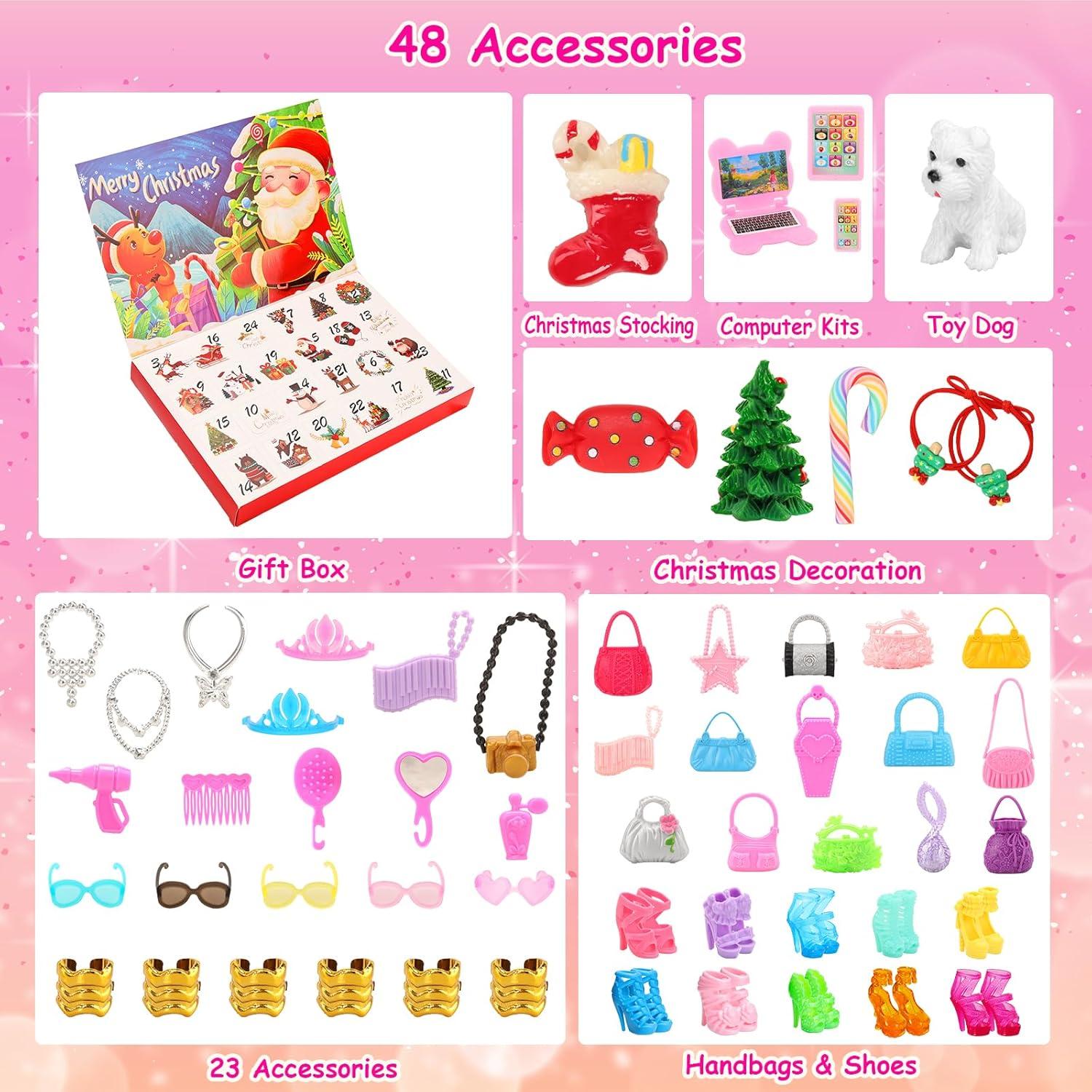 image2025 Calendrier de lAvent Calendrier de Compte Rebours de Nol Surprise Y Comprise 54 Pcs Vtements ampamp Accessoires de Poupe Robes Tenues Chaussures de Poupe etc Calendrier du Festival de Nol