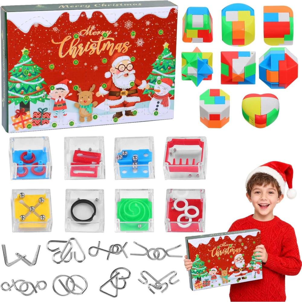 imageChristmas Advent Calendrier de lavent 2025 Calendrier de lAvent Casse Tete en Bois et en Mtal Puzzle pour Adulte Enfant Calendriers de Nol 24 jours pour Filles Garons Adolescents Style 2Style 2