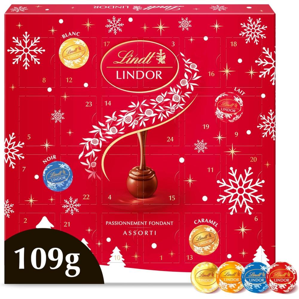 imageLindt  Calendrier de lAvent LINDOR  Assortiment de Chocolats au Lait Noirs Blancs Caramel  Idal pour Nol 109g