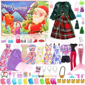 2025 Calendrier de l&rsquo;Avent Calendrier de Compte à Rebours de Noël Surprise Y Comprise 54 Pcs Vêtements & Accessoires de Poupée Robes, Tenues, Chaussures de Poupée, etc. Calendrier du Festival de Noël