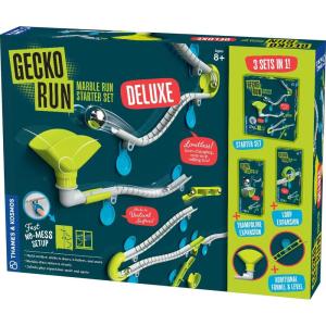 Gecko Run Marble Run Deluxe Starter Set by Thames & Kosmos – Chemin de marbre Vertical avec Rails Flexibles, Boucles et Tours de Trampoline, Installation Rapide, sans désordre, Coussinets