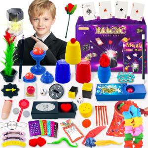 Kit de Magie – 80+ Coffret Magie Enfant avec Baguette Magique et Instructions, Jeux Enfant 3 4 5 6 7 8 9 10 11 12 Ans, Jouet Cadeaux pour Garçons Filles Tout-Petits Débutants, Cadeaux de Noël(A)