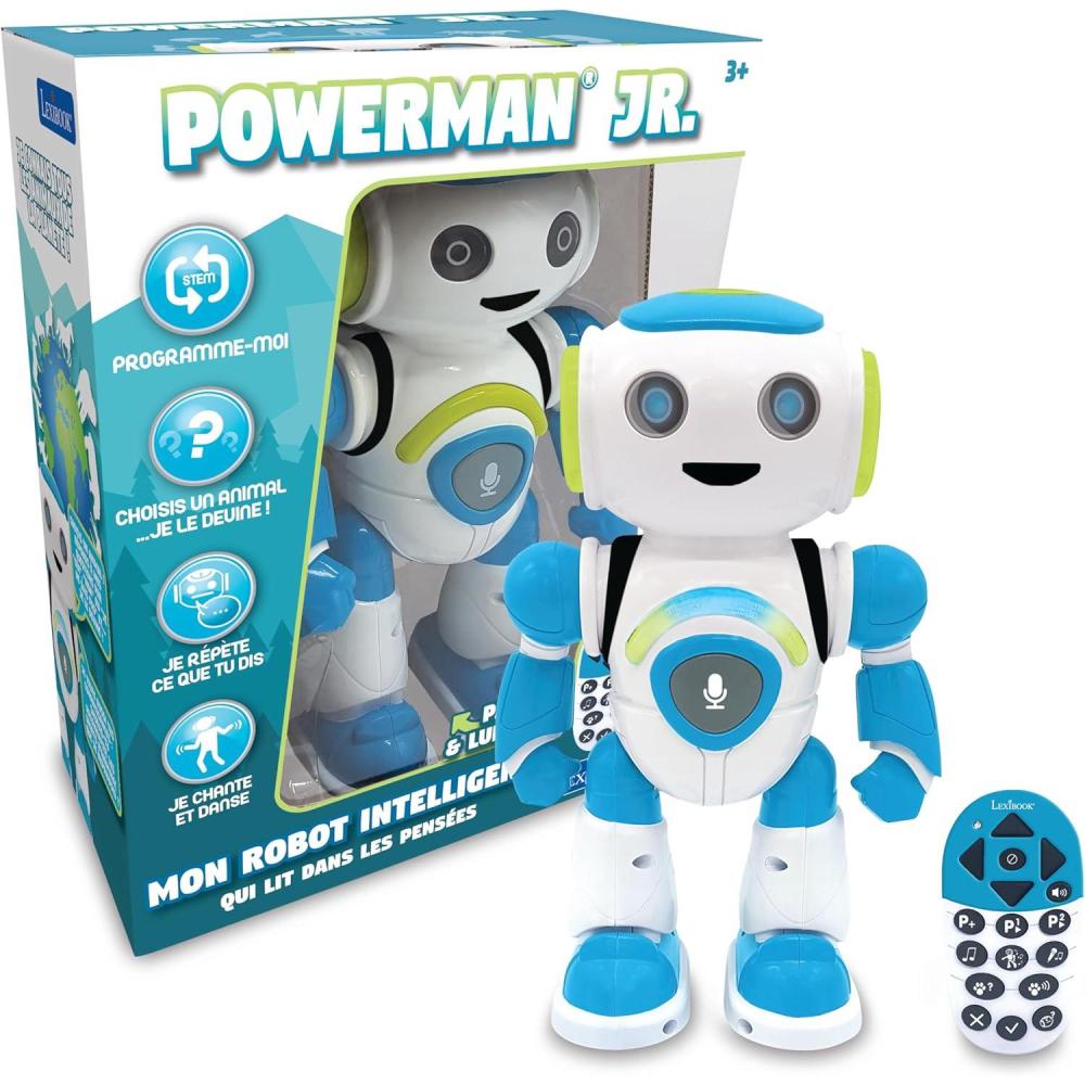 image:imageLexibook Powerman Jr Robot Intelligent Qui lit dans Les penses Jouet pour garons et Filles Powerman Junior Danse Joue de la Musique Quiz Animaux karaok programmable STEM VertBleu ROB20FRPowerman Jr