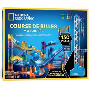 Circuit à Billes NATIONAL GEOGRAPHIC avec Ascenseur Motorisé – Kit de 150 Pièces avec Spirale Électrique, 30 Billes, Sac de Rangement et Plus, Machine à Mouvement Perpétuel, Jouet de Physique